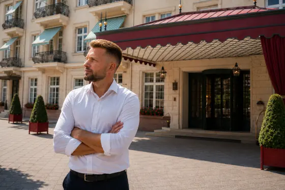 Victor Straßner vor einem Hotel